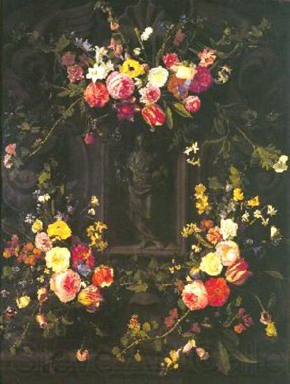 Jan Philip van Thielen Garland of flowers surrounding Christ figure in grisaille Spain oil painting art